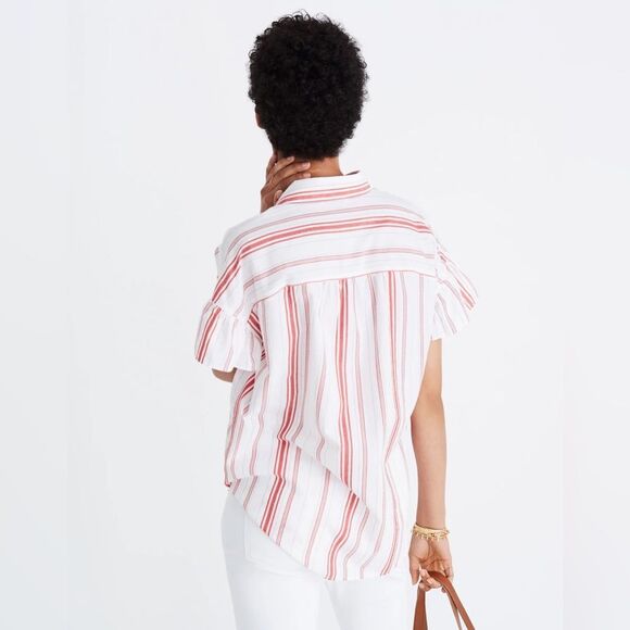 NEW Madewell Central Ruffle-Sleeve Shirt in Carey Stripe Red and White Size XS - Picture 2 of 10